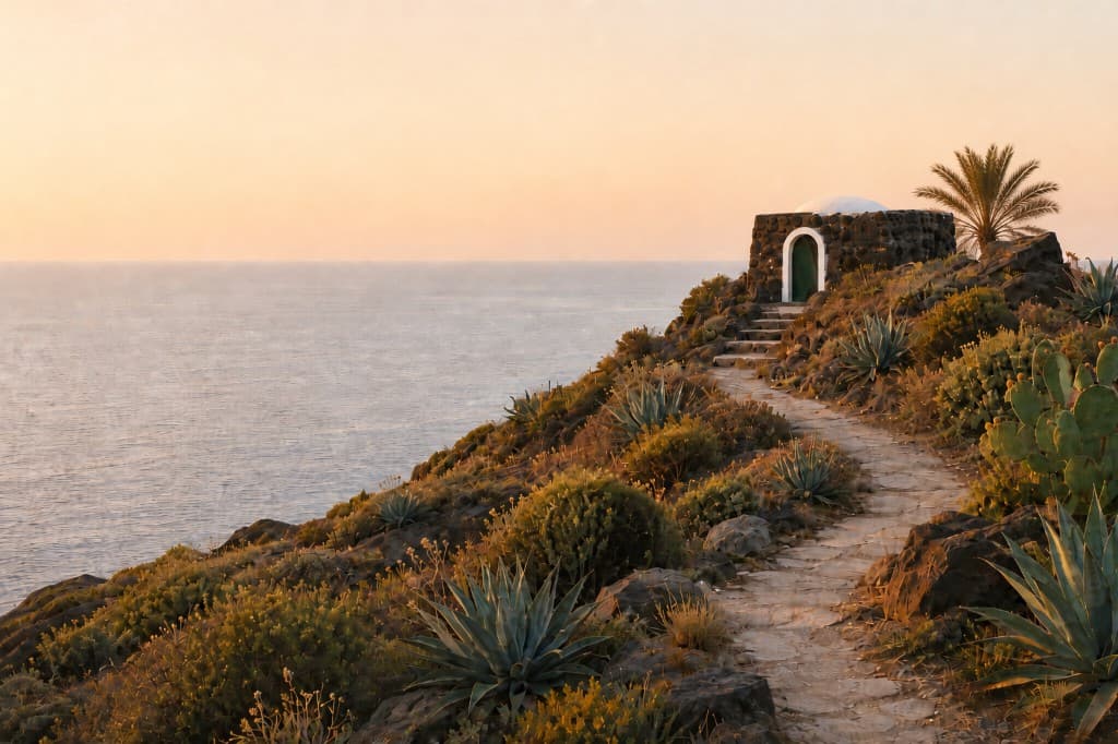 Dammuso in pietra lavica con cupola bianca e sentiero verso il mare a Pantelleria